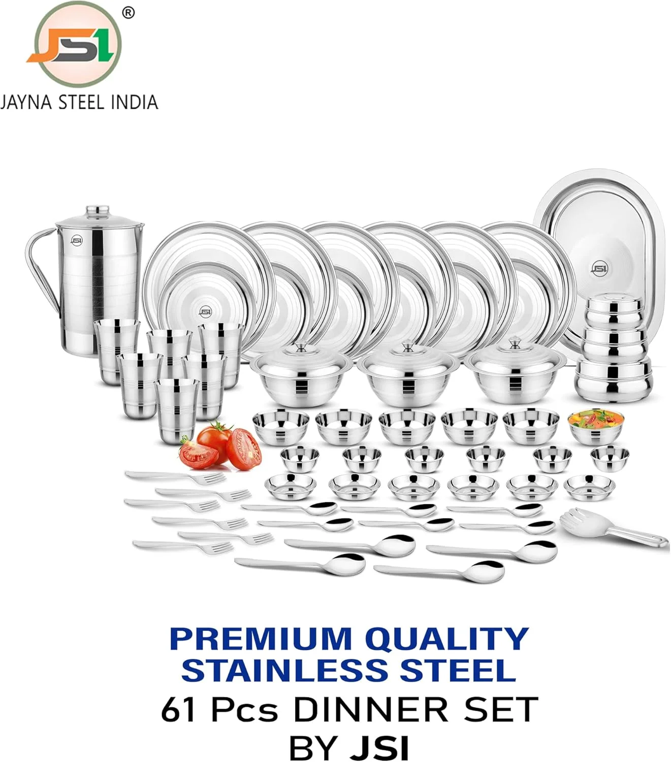 سرویس غذاخوری استیل سنگین 61 پارچه JSI®، با روکش نقره ای، سرویس ظروف با کیفیت بالا برای آشپزخانه | ایده آل برای هدیه دادن و پذیرایی | طراحی ممتاز سرویس غذاخوری استیل سنگین 61 پارچه JSI®، با روکش نقره ای، سرویس ظروف با کیفیت بالا برای آشپزخانه | ایده آل برای هدیه دادن و پذیرایی | طراحی ممتاز
