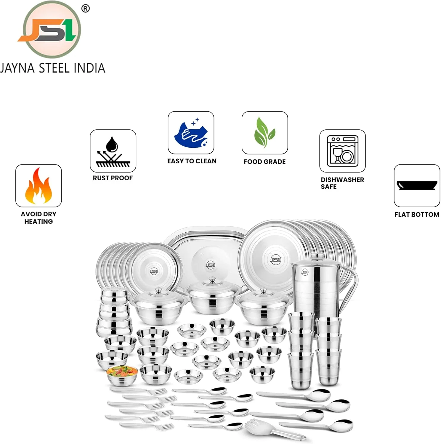 سرویس غذاخوری استیل سنگین 61 پارچه JSI®، با روکش نقره ای، سرویس ظروف با کیفیت بالا برای آشپزخانه | ایده آل برای هدیه دادن و پذیرایی | طراحی ممتاز سرویس غذاخوری استیل سنگین 61 پارچه JSI®، با روکش نقره ای، سرویس ظروف با کیفیت بالا برای آشپزخانه | ایده آل برای هدیه دادن و پذیرایی | طراحی ممتاز