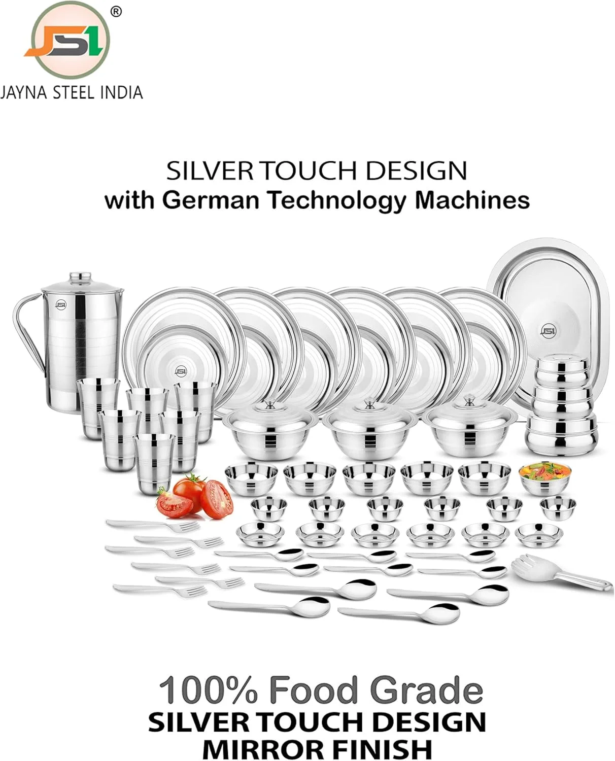 سرویس غذاخوری استیل سنگین 61 پارچه JSI®، با روکش نقره ای، سرویس ظروف با کیفیت بالا برای آشپزخانه | ایده آل برای هدیه دادن و پذیرایی | طراحی ممتاز سرویس غذاخوری استیل سنگین 61 پارچه JSI®، با روکش نقره ای، سرویس ظروف با کیفیت بالا برای آشپزخانه | ایده آل برای هدیه دادن و پذیرایی | طراحی ممتاز