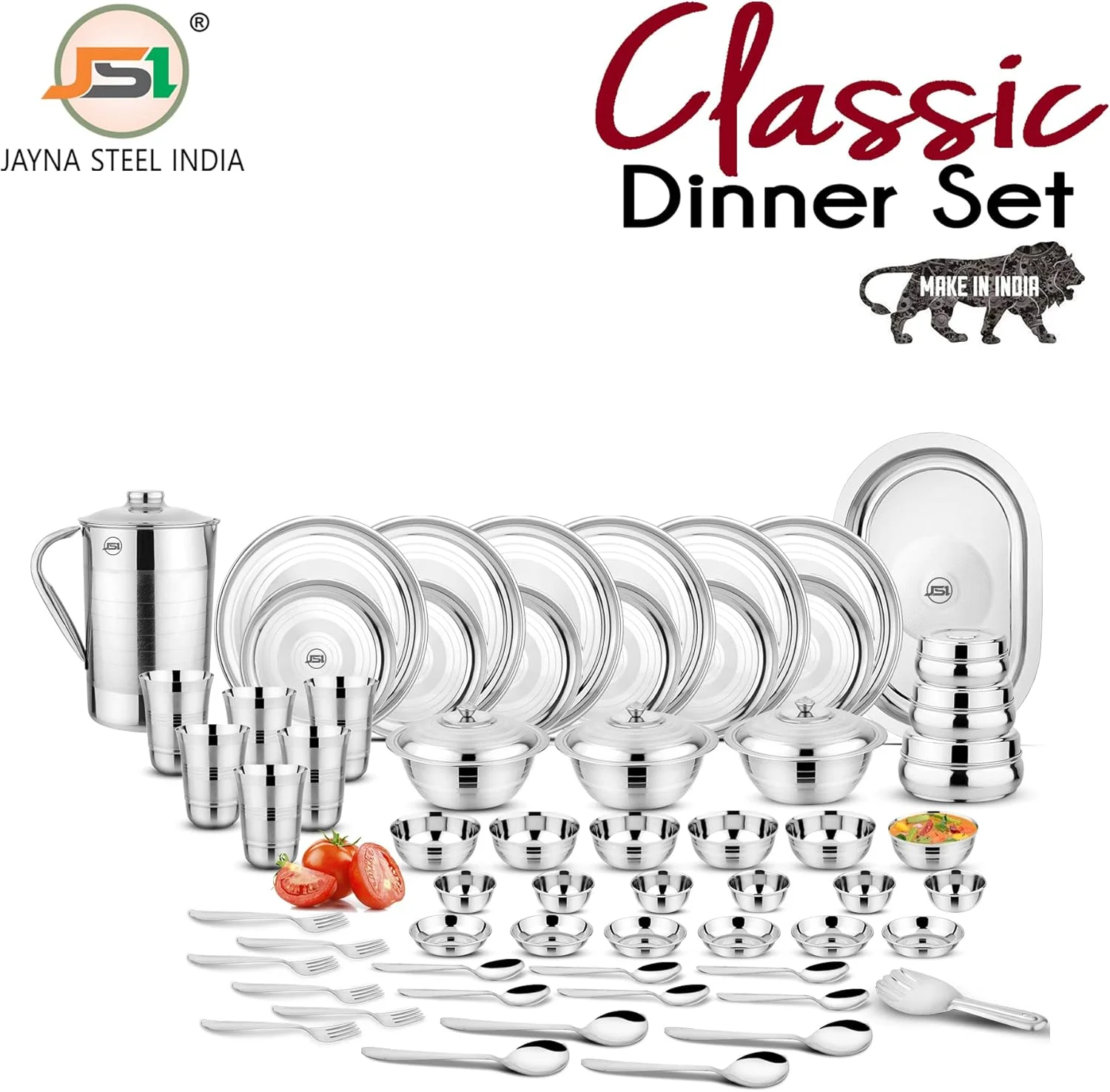 سرویس غذاخوری استیل سنگین 61 پارچه JSI®، با روکش نقره ای، سرویس ظروف با کیفیت بالا برای آشپزخانه | ایده آل برای هدیه دادن و پذیرایی | طراحی ممتاز سرویس غذاخوری استیل سنگین 61 پارچه JSI®، با روکش نقره ای، سرویس ظروف با کیفیت بالا برای آشپزخانه | ایده آل برای هدیه دادن و پذیرایی | طراحی ممتاز