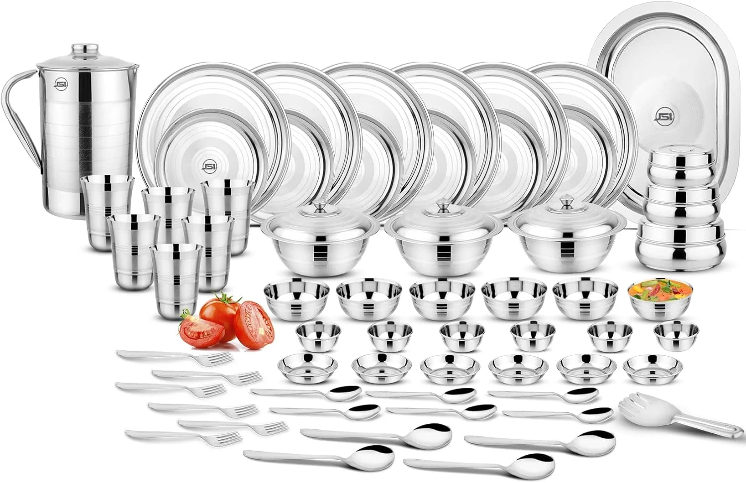 سرویس غذاخوری استیل سنگین 61 پارچه JSI®، با روکش نقره ای، سرویس ظروف با کیفیت بالا برای آشپزخانه | ایده آل برای هدیه دادن و پذیرایی | طراحی ممتاز سرویس غذاخوری استیل سنگین 61 پارچه JSI®، با روکش نقره ای، سرویس ظروف با کیفیت بالا برای آشپزخانه | ایده آل برای هدیه دادن و پذیرایی | طراحی ممتاز