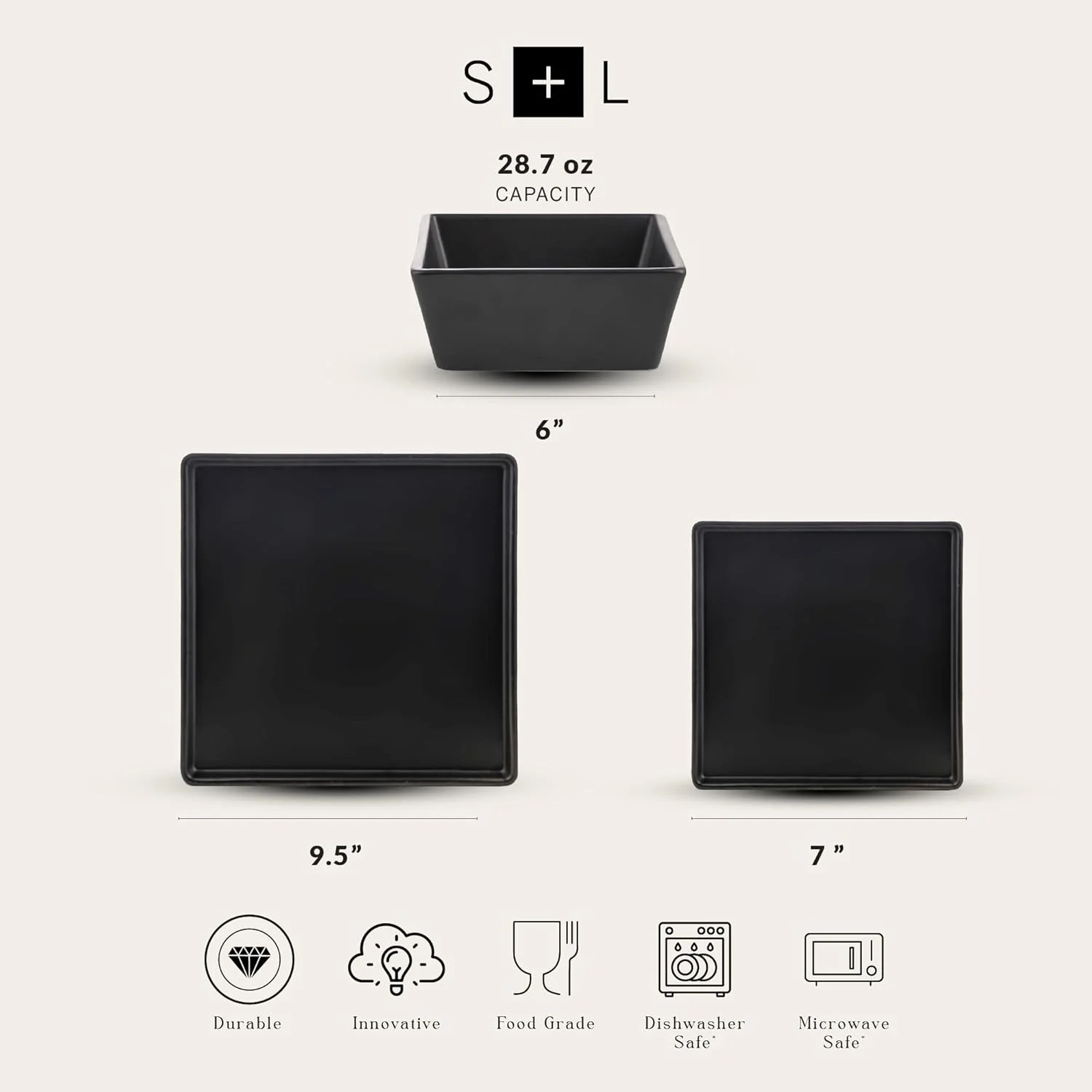 سرویس غذاخوری سنگی استون لین گریس مربعی، 12 پارچه برای 4 نفر، ست بشقاب و کاسه، مشکی