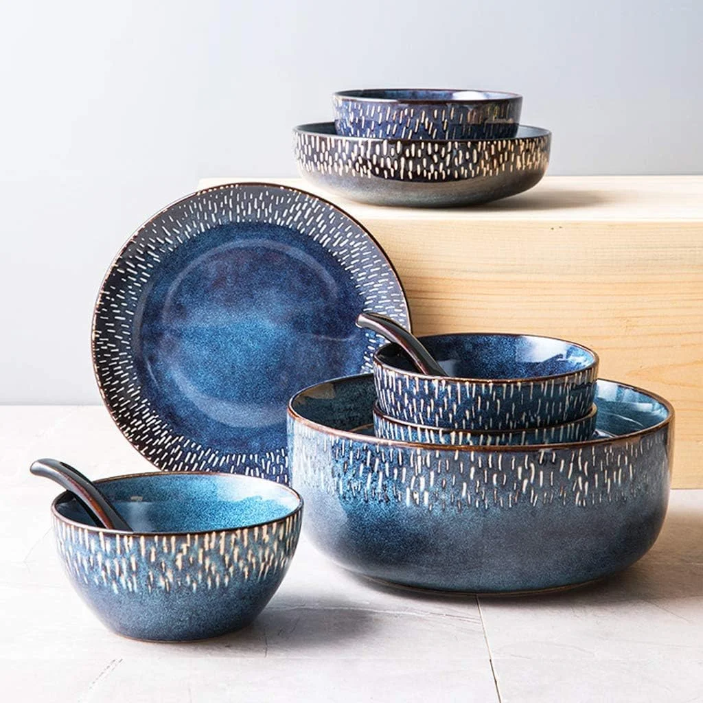 بشقاب های شام شیک، ست ظروف غذاخوری سرامیکی، ست 33 پارچه ظروف غذاخوری چینی با لعاب تغییر کوره ستاره ای آبی / ست بشقاب و کاسه