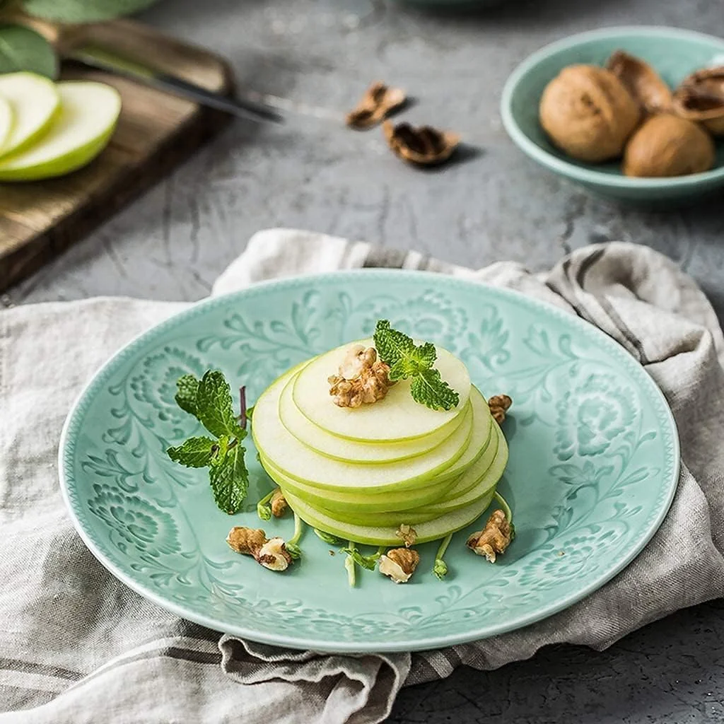 ست ظروف غذاخوری شیک برای رستوران و خانه، ست 24 تکه ظروف چینی سلادون حکاکی شده | کاسه غلات و قابلمه سوپ و بشقاب برای دورهمی های خانوادگی