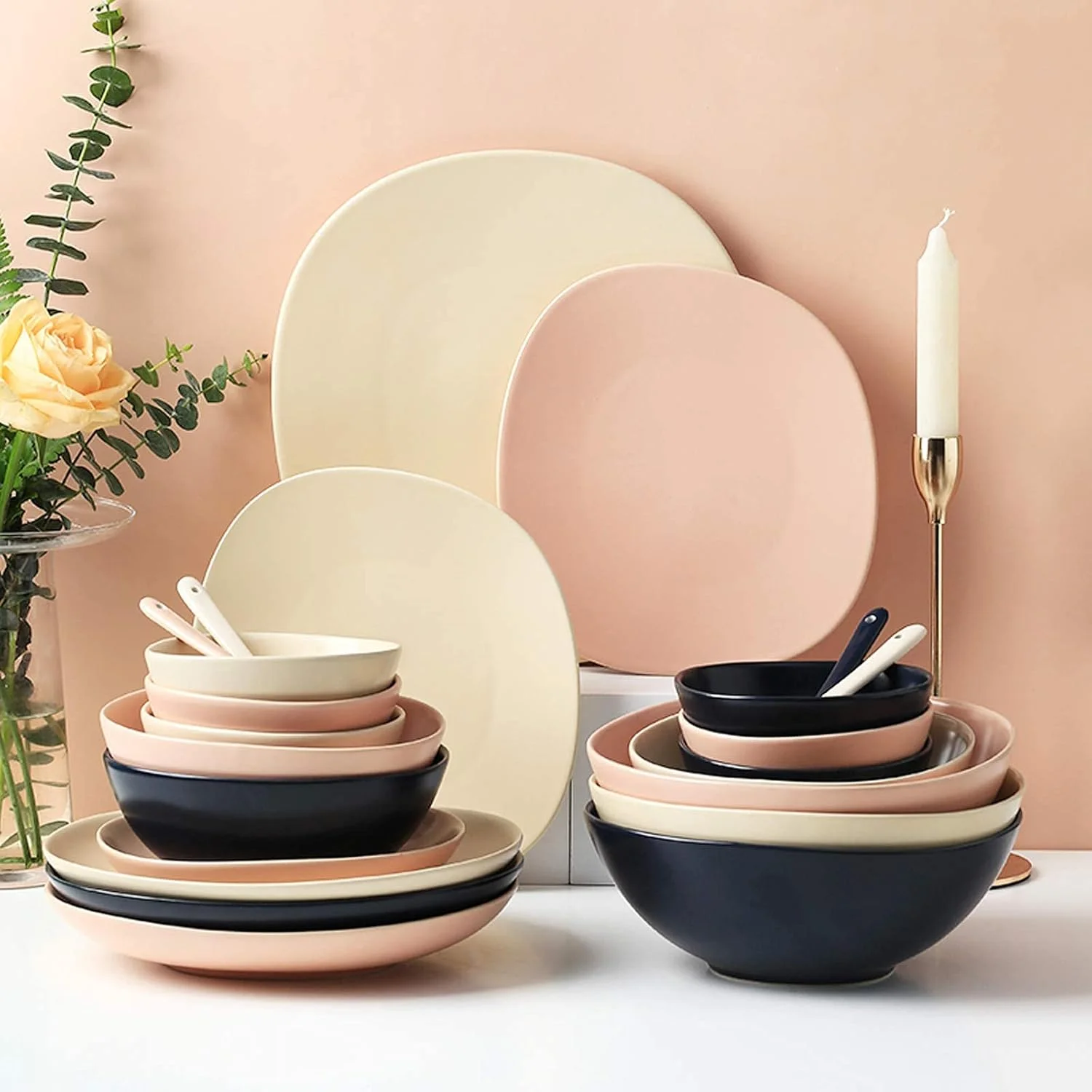 بشقاب های شام شیک، ست های شام سرامیکی، ست ظروف غذاخوری چینی مراندی 42 پارچه | کاسه غلات مات و ست بشقاب استیک