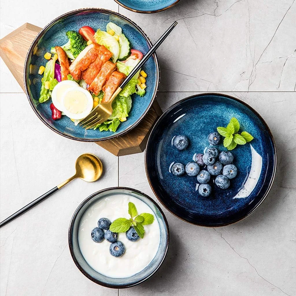 بشقاب های شام شیک، ست ظروف غذاخوری سرامیکی، ست 33 پارچه ظروف غذاخوری چینی با لعاب تغییر کوره ستاره ای آبی / ست بشقاب و کاسه