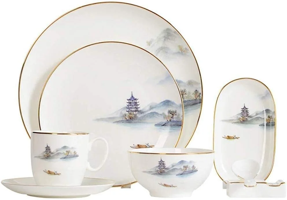 ظروف سفالی شیک، ست ظروف غذاخوری چینی با نقاشی منظره 8 تکه، ست ترکیبی بشقاب سرامیکی شامل بشقاب غذا، بشقاب دسر، کاسه و لیوان