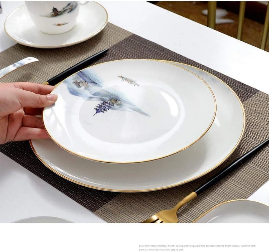 ظروف سفالی شیک، ست ظروف غذاخوری چینی با نقاشی منظره 8 تکه، ست ترکیبی بشقاب سرامیکی شامل بشقاب غذا، بشقاب دسر، کاسه و لیوان