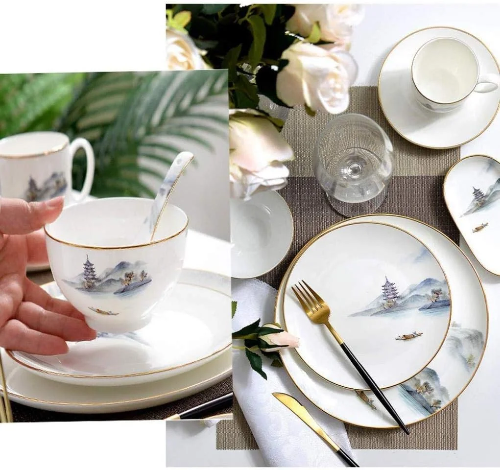 ظروف سفالی شیک، ست ظروف غذاخوری چینی با نقاشی منظره 8 تکه، ست ترکیبی بشقاب سرامیکی شامل بشقاب غذا، بشقاب دسر، کاسه و لیوان