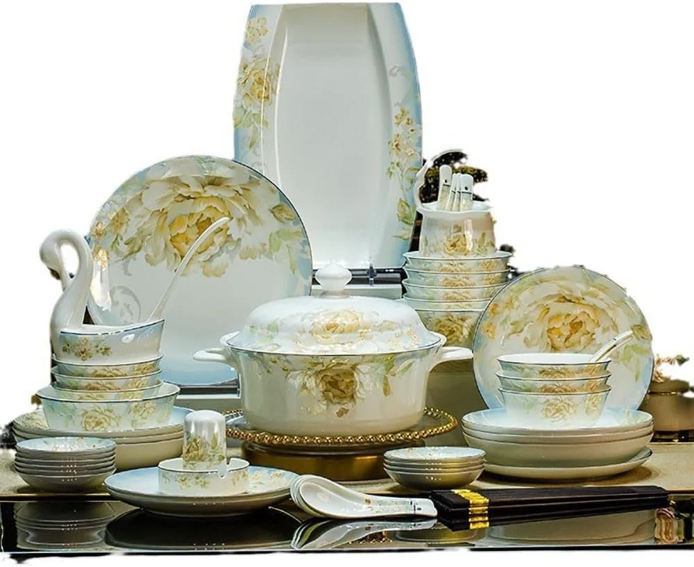 سرویس ظروف غذاخوری 60 پارچه با طرح گل، شامل بشقاب، قاشق، سینی، ظروف چینی، کارد و چنگال، ست غذاخوری، کاسه، بشقاب، اثر هنری دست ساز، سرامیک، کاسه چینی جینگده‌ژن