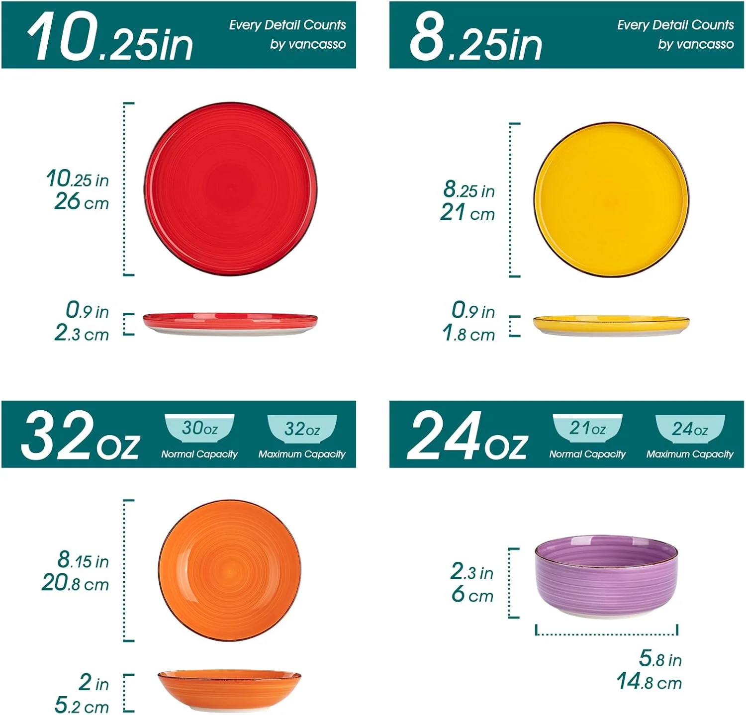سرویس غذاخوری 24 پارچه ونکاسو بونیتا، ست ظروف سنگی برای 6 نفر، شامل بشقاب و کاسه، قابل استفاده در ماشین ظرفشویی و مایکروویو، چند رنگ
