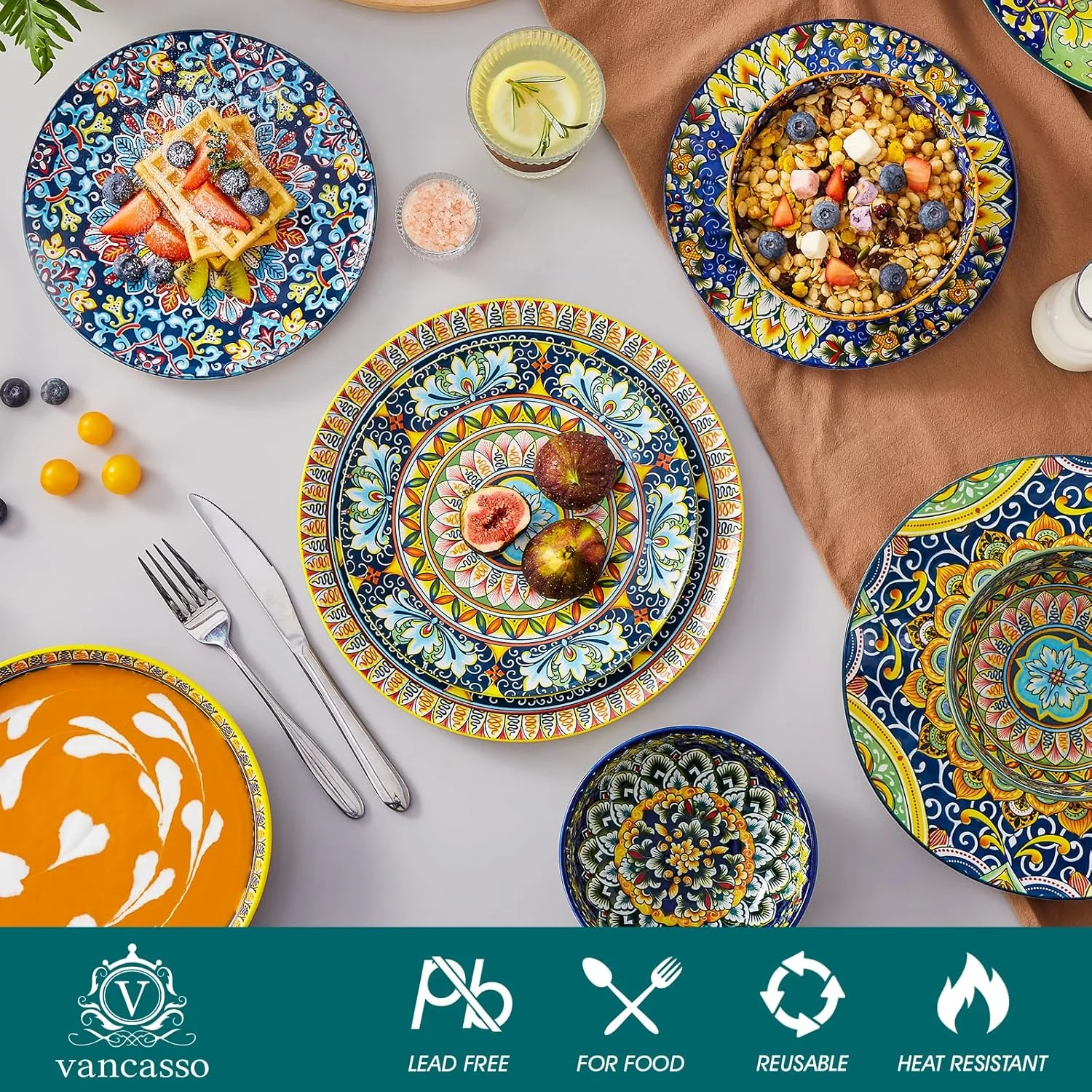 vancasso سرویس غذاخوری 24 پارچه، ست بشقاب و کاسه، ست ظروف چینی برای 6 نفر، قابل استفاده در مایکروویو و ماشین ظرفشویی، مقاوم در برابر خراش، سرویس غذاخوری به سبک بوهمی برای 6 نفر، سری SIMI vancasso سرویس غذاخوری 24 پارچه، ست بشقاب و کاسه، ست ظروف چینی برای 6 نفر، قابل استفاده در مایکروویو و ماشین ظرفشویی، مقاوم در برابر خراش، سرویس غذاخوری به سبک بوهمی برای 6 نفر، سری SIMI