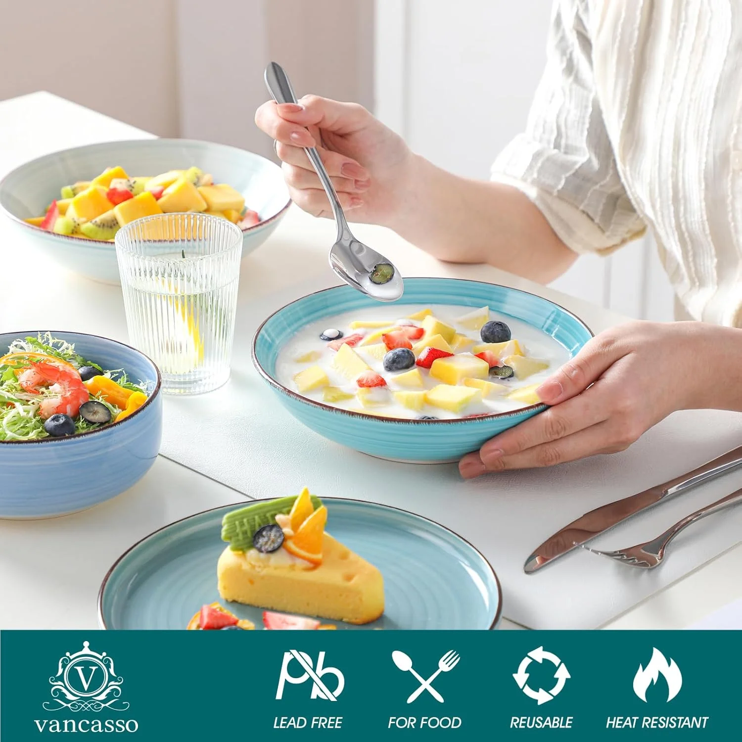 سرویس غذاخوری 24 پارچه وانکاسو بونیتا، ست ظروف سنگی آبی رنگ برای 6 نفر، شامل بشقاب های غذاخوری به همراه کاسه، قابل استفاده در ماشین ظرفشویی و مایکروویو