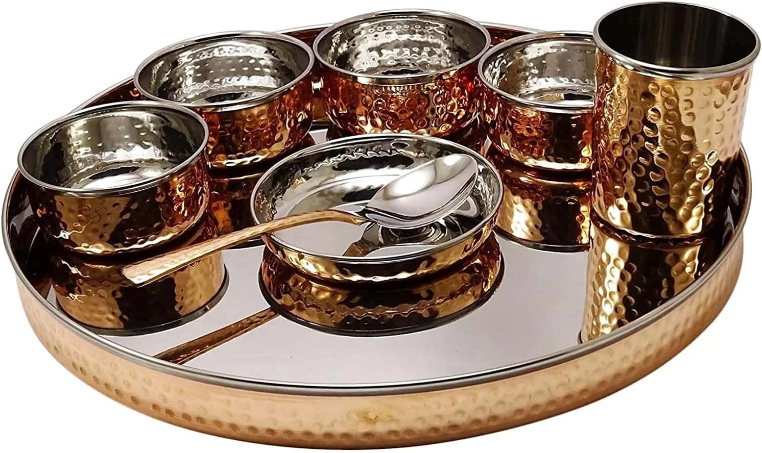 ظروف غذاخوری هندی زاپ ایمپکس، ست ظروف مسی چکش کاری شده سنتی شامل بشقاب تالی، کاسه، لیوان و قاشق، مناسب سرو غذا در منزل و آشپزخانه (استیل و مس)
