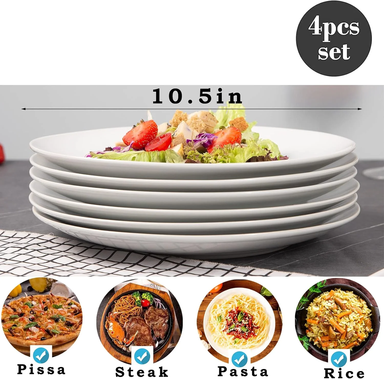 ست بشقاب غذاخوری چینی Yummost - ست ظروف سرامیکی 10.5 اینچی، شکل گرد، 4 عدد، سفید، مناسب برای مایکروویو ست بشقاب غذاخوری چینی Yummost - ست ظروف سرامیکی 10.5 اینچی، شکل گرد، 4 عدد، سفید، مناسب برای مایکروویو