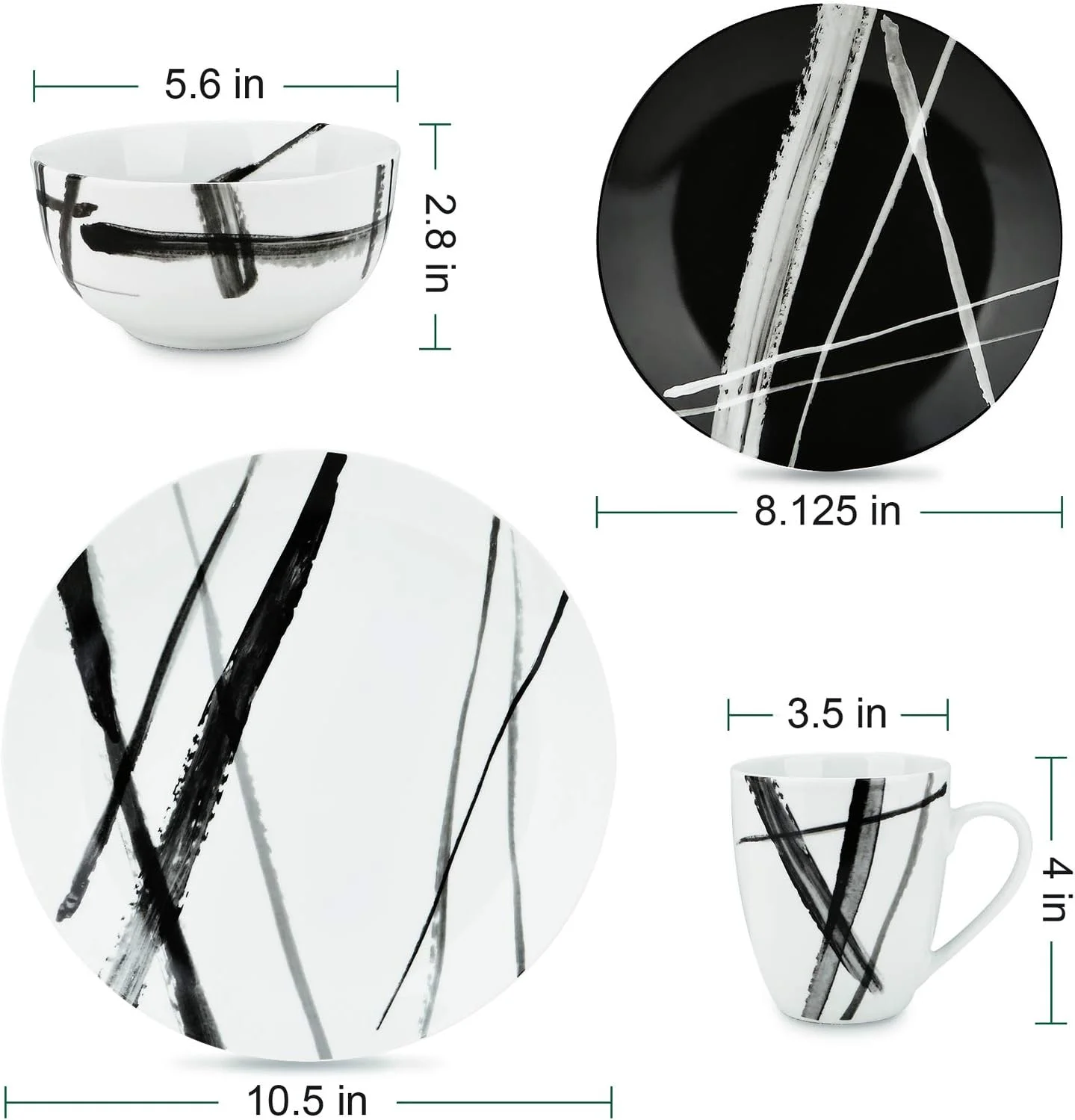 ست ظروف غذاخوری 16 پارچه گرد ZYAN، ست ظروف سنگی مترو سیاه و سفید، ست بشقاب و کاسه قابل شستشو در ماشین ظرفشویی برای 4 نفر