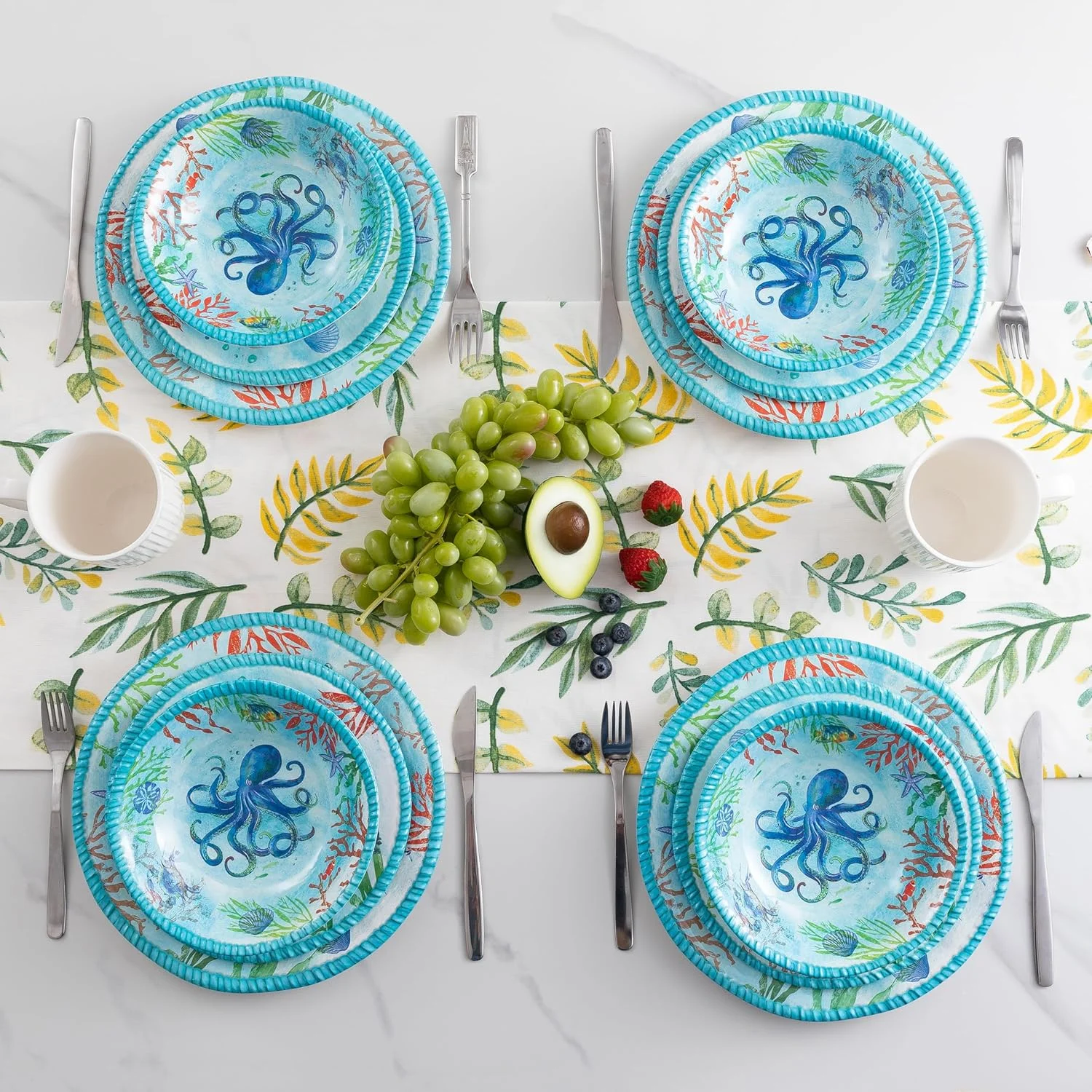 ست ظروف غذاخوری 12 پارچه ملامین ZAROCRUS، طرح اقیانوس، ست بشقاب و کاسه، ست ظروف ساحلی، مناسب برای 4 نفر، قابل شستشو در ماشین ظرفشویی