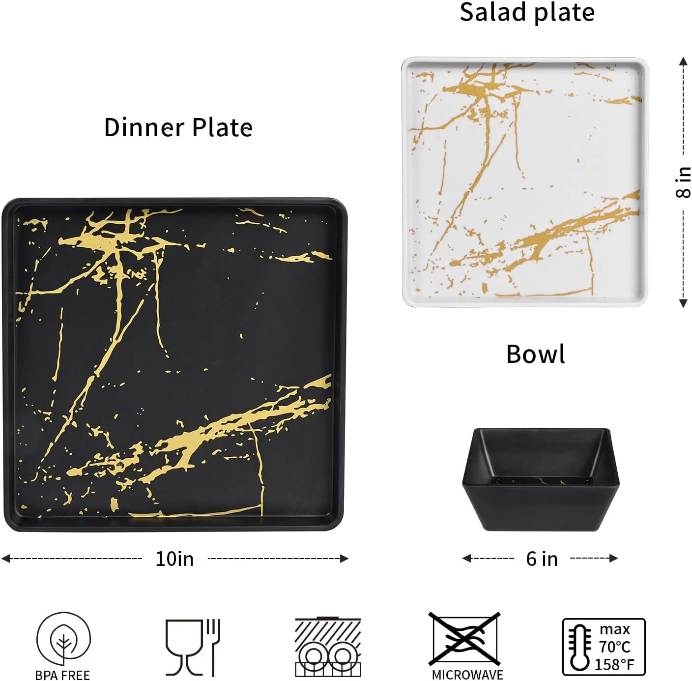 ست ظروف غذاخوری 12 تکه ملامین مربعی Yummost، ست بشقاب و کاسه مربعی، ست ظروف نشکن برای 4 نفر، سبک وزن، قابل شستشو در ماشین ظرفشویی و بدون BPA، مناسب برای RV و کمپینگ (سیاه و سفید)