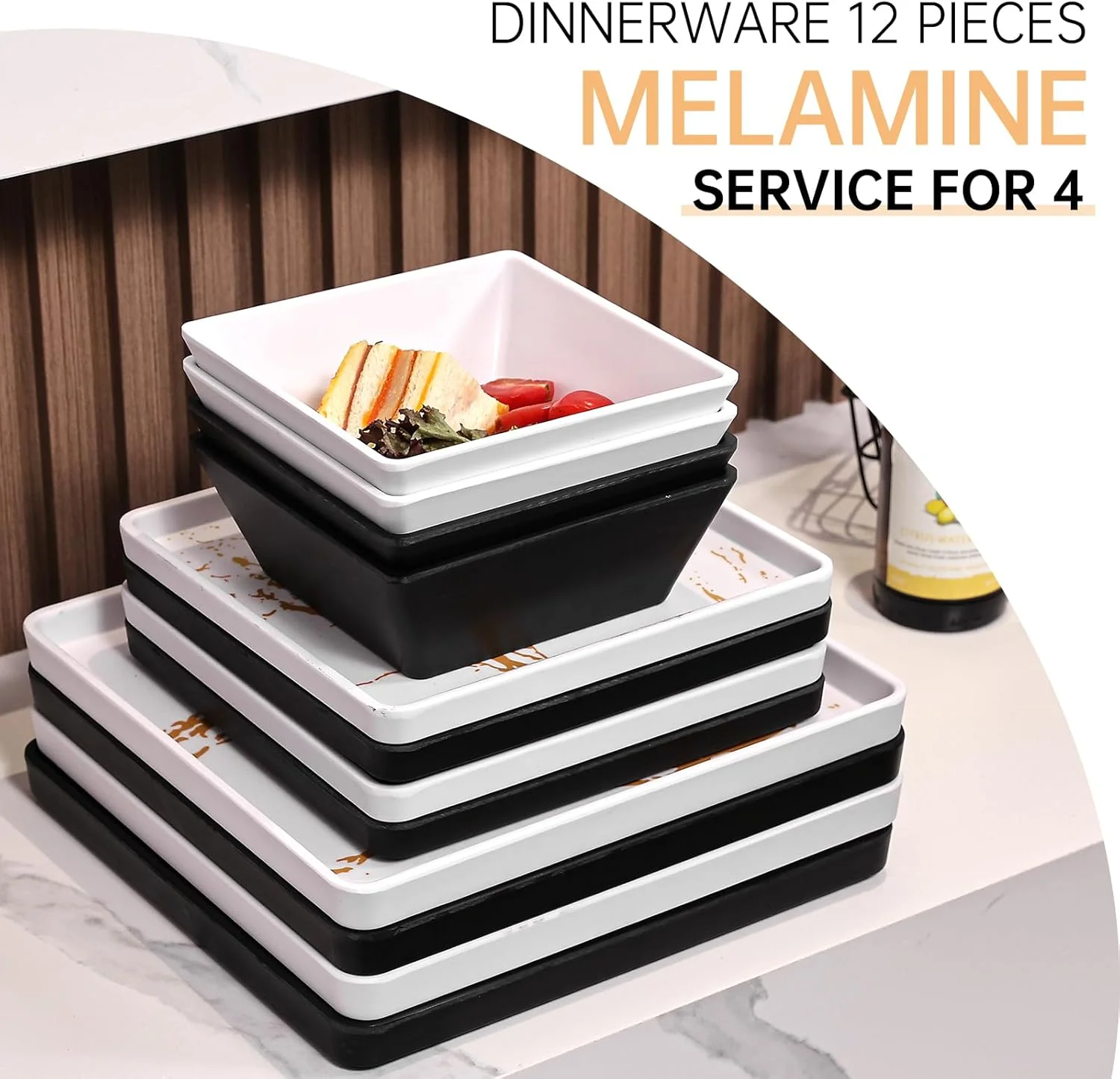 ست ظروف غذاخوری 12 تکه ملامین مربعی Yummost، ست بشقاب و کاسه مربعی، ست ظروف نشکن برای 4 نفر، سبک وزن، قابل شستشو در ماشین ظرفشویی و بدون BPA، مناسب برای RV و کمپینگ (سیاه و سفید)
