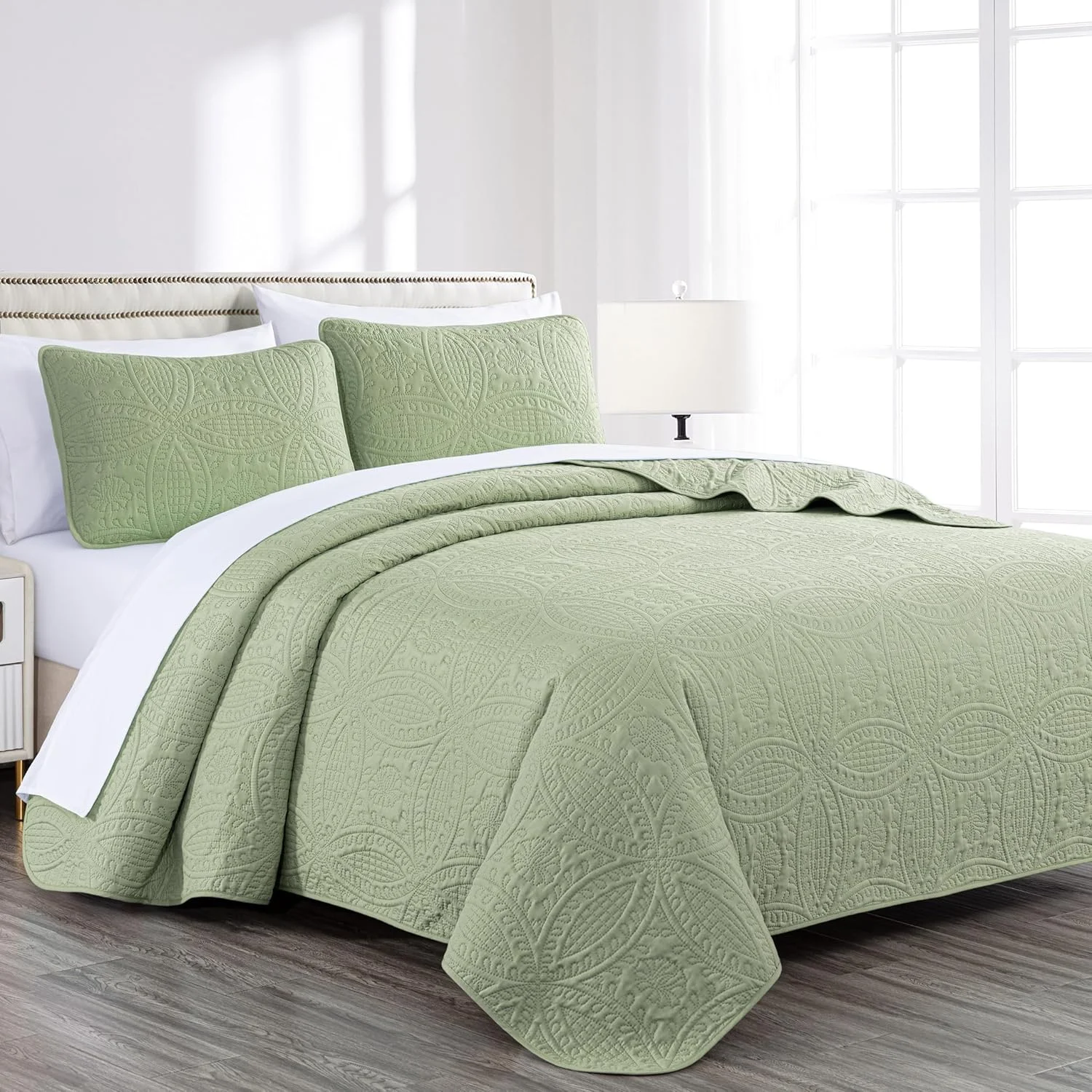 Chezmoi Collection Austin 3-Piece Oversized Bedspread Coverlet Set (King, Sage)