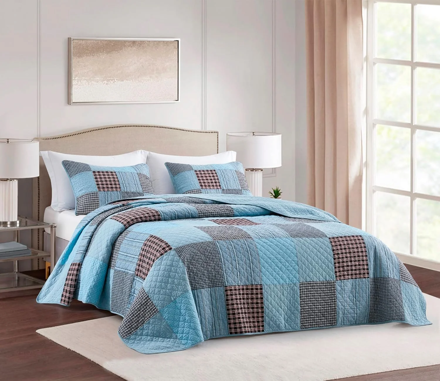 Chezmoi Collection Bram 3-Piece Patchwork Quilt Set Queen - Pre-Washed Cotton Solid Plaid Multi Striped Coverlet - Lightweight Reversible Bedspread Bedding Set Queen Size