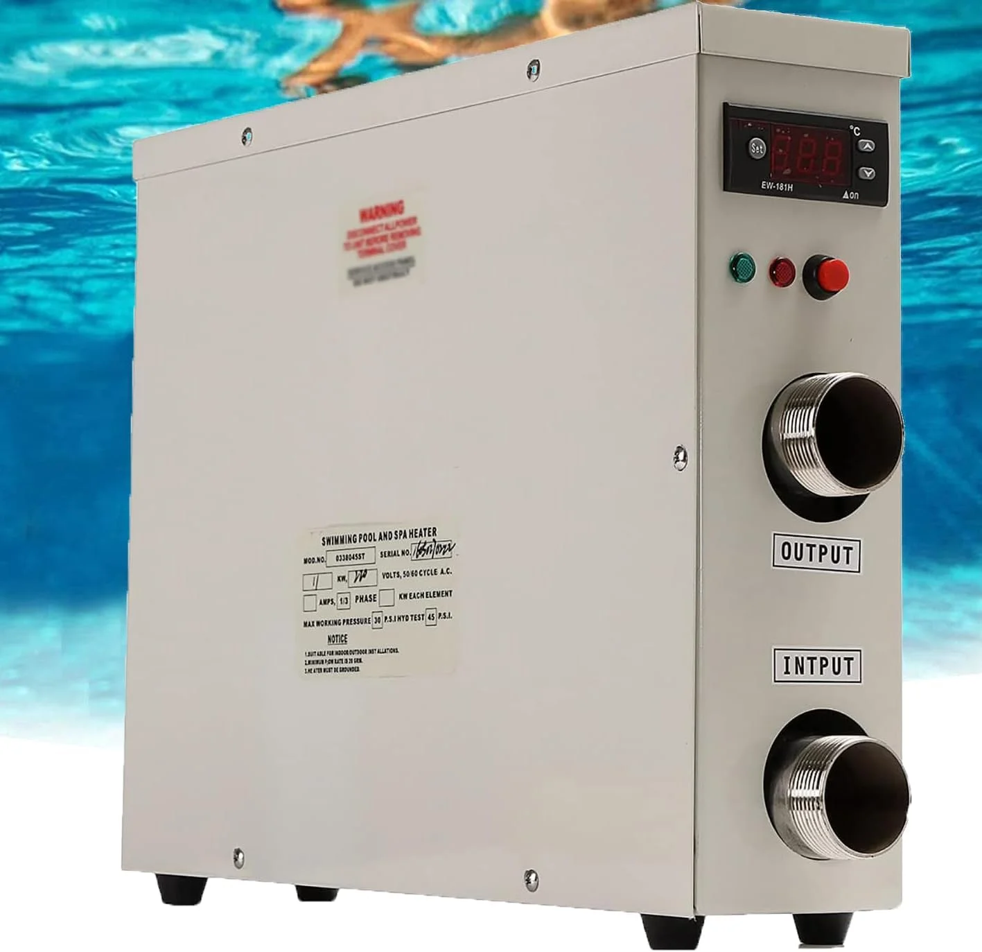 پمپ حرارتی استخر شنا، بخاری برقی استخر 230 ولت، پمپ حرارتی برقی با ترموستات، برای گرم کردن آب استخر، آبگرمکن، وان آب گرم، مناسب برای استخرهای رو باز و داخل زمین