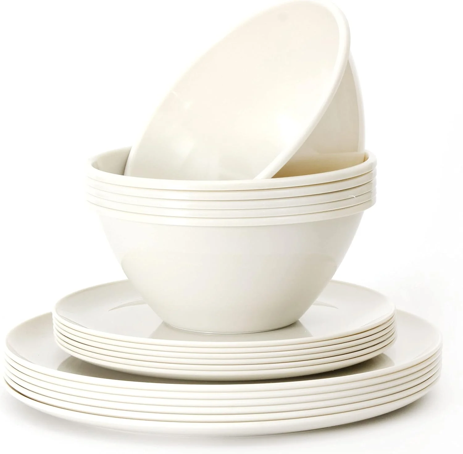 Youngever 18 Pieces Re-usable Plastic Kitchen Dinnerware Set, Plates (20CM & 25CM), Bowls (1000ML), Service for 6 (Cream)