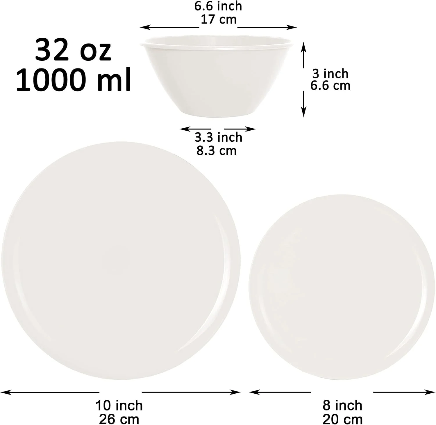 Youngever 18 Pieces Re-usable Plastic Kitchen Dinnerware Set, Plates (20CM & 25CM), Bowls (1000ML), Service for 6 (Cream)