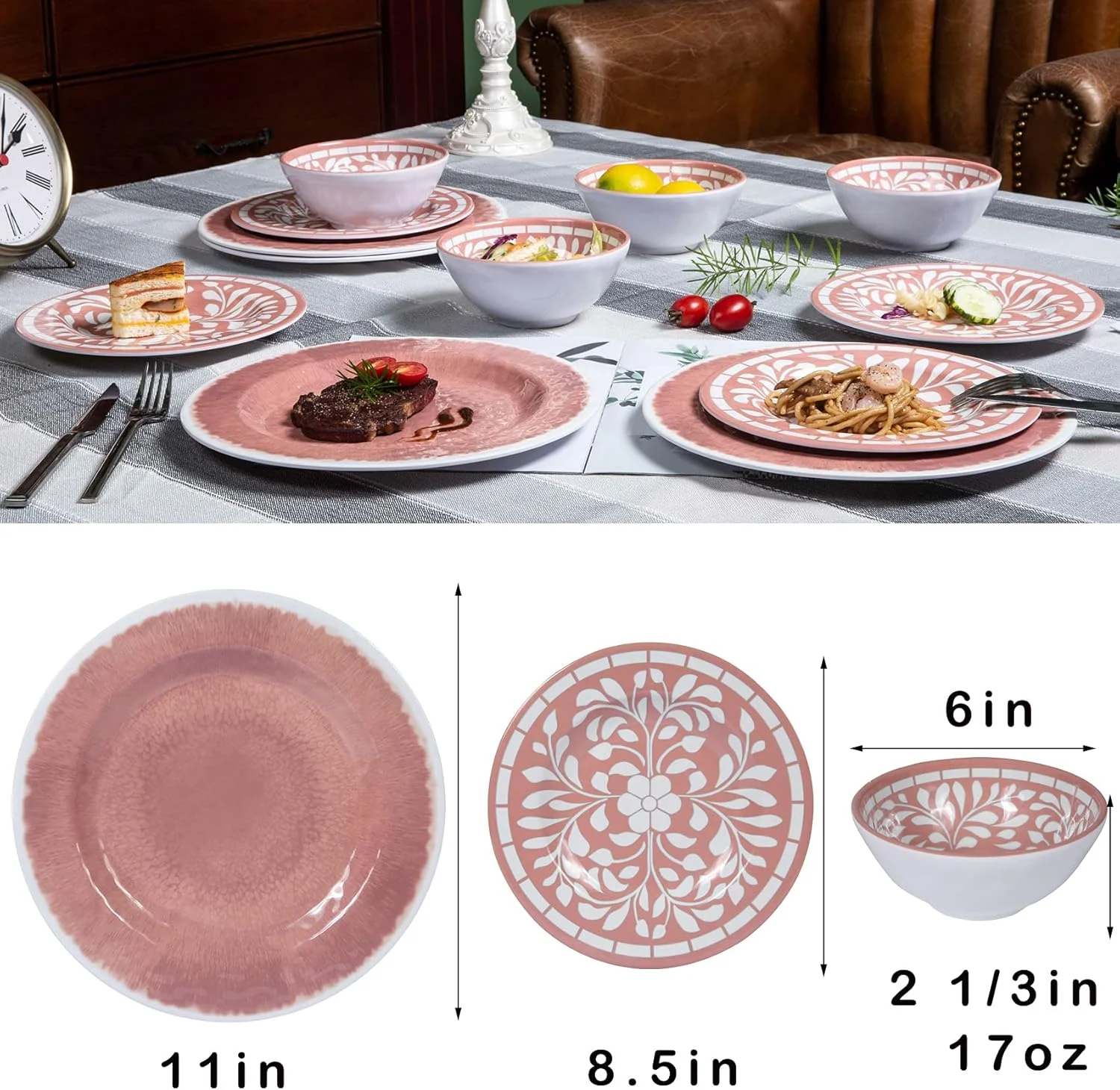 سرویس ظروف غذاخوری ملامین Yinshine - ست 12 تکه بشقاب و کاسه، ظروف نشکن برای 4 نفر، سبک وزن، قابل شستشو در ماشین ظرفشویی، بدون BPA، مناسب برای استفاده در فضای داخلی و خارجی، صورتی