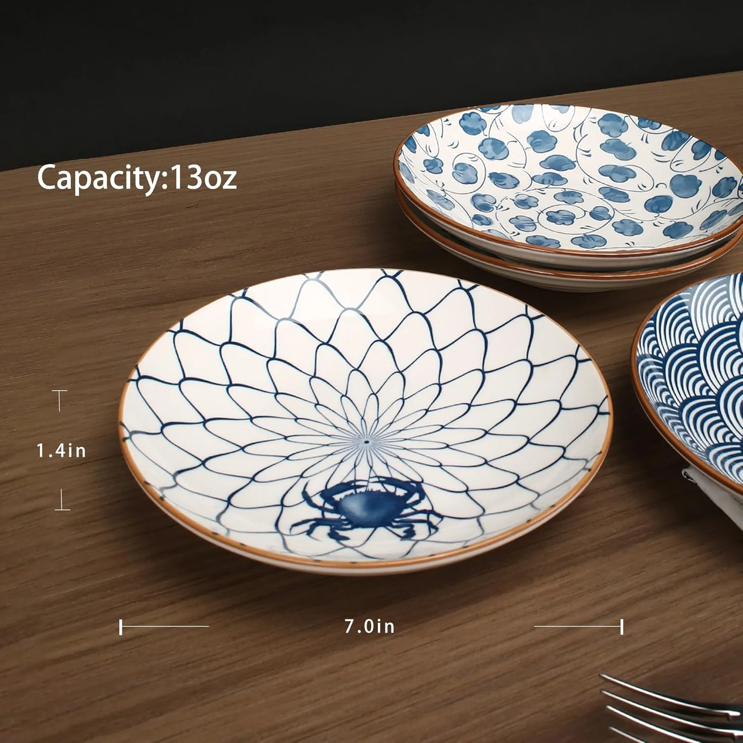 ست بشقاب سرامیکی یالونگ، بشقاب های کم عمق 7 اینچی برای پیش غذا، پنیر، سالاد و دسر، ست 4 عددی با طرح های متنوع، مناسب هدیه کریسمس