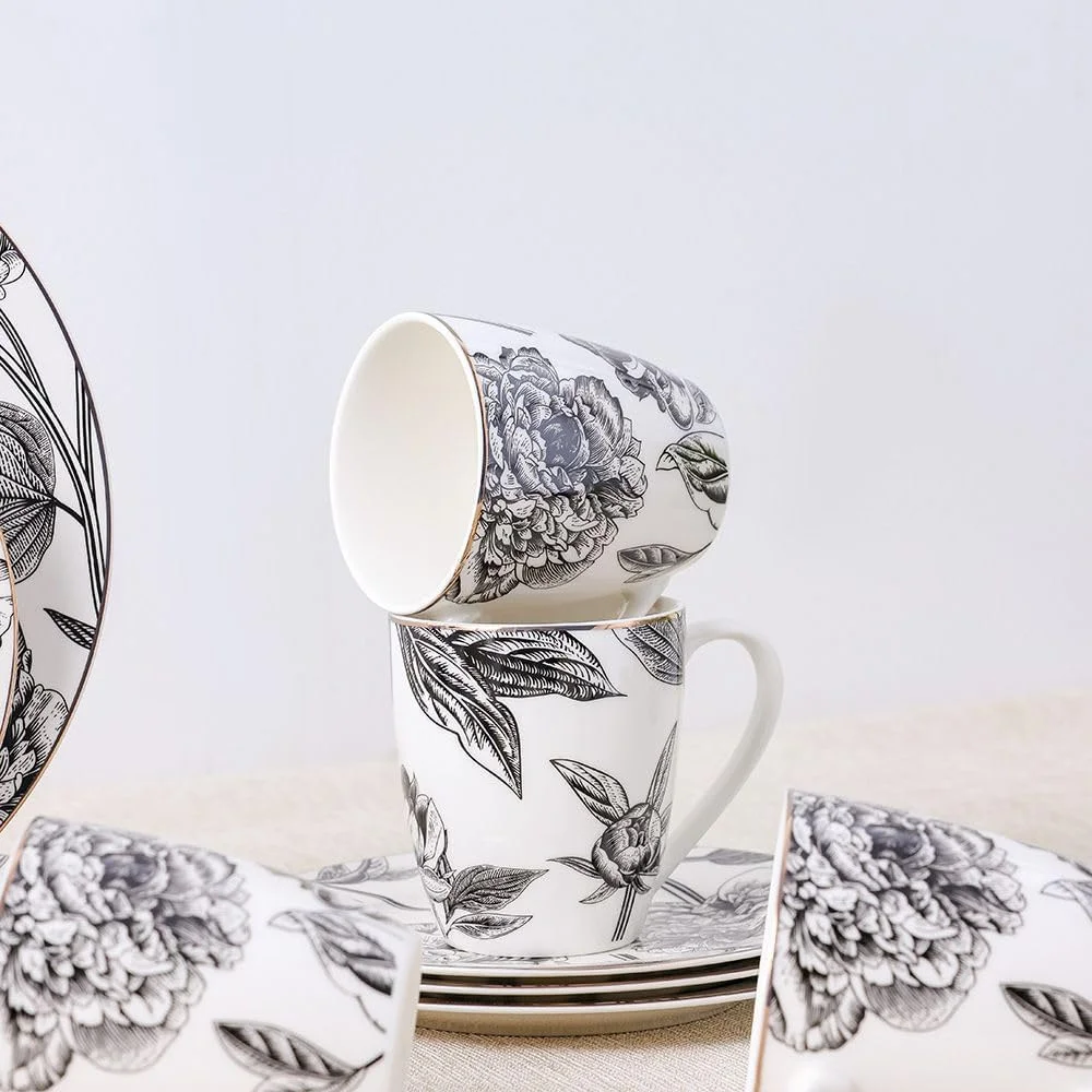 سرویس غذاخوری 16 پارچه چینی استخوانی جدید Youthful Bite با طرح گل صد تومانی، ظروف غذاخوری شیک برای 4 نفر شامل بشقاب، کاسه و لیوان، مناسب برای غذاخوری رسمی و پذیرایی در منزل