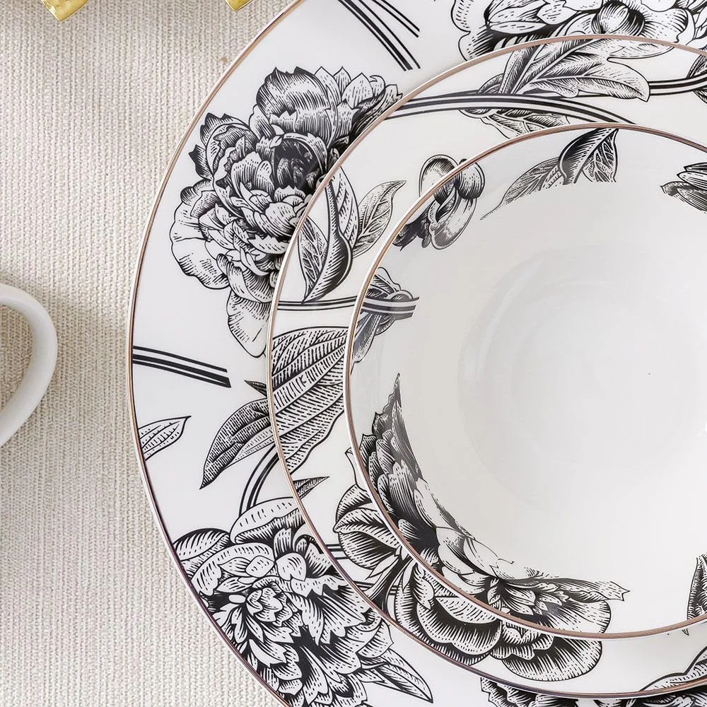 سرویس غذاخوری 16 پارچه چینی استخوانی جدید Youthful Bite با طرح گل صد تومانی، ظروف غذاخوری شیک برای 4 نفر شامل بشقاب، کاسه و لیوان، مناسب برای غذاخوری رسمی و پذیرایی در منزل