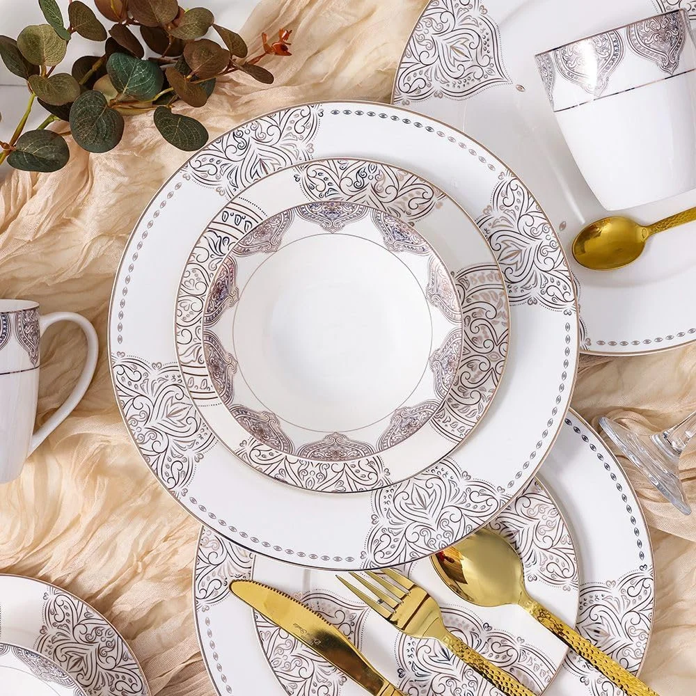 سرویس غذاخوری ۱۶ پارچه Youthful Bite Oasis از جنس نیو بن چاینا، ظروف غذاخوری شیک برای ۴ نفر شامل بشقاب، کاسه و لیوان، مناسب برای غذاخوری رسمی و پذیرایی در منزل