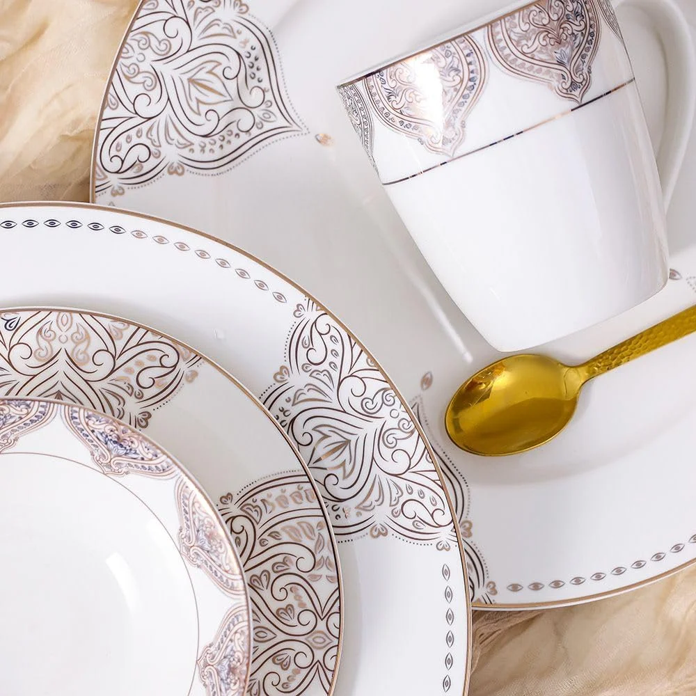 سرویس غذاخوری ۱۶ پارچه Youthful Bite Oasis از جنس نیو بن چاینا، ظروف غذاخوری شیک برای ۴ نفر شامل بشقاب، کاسه و لیوان، مناسب برای غذاخوری رسمی و پذیرایی در منزل