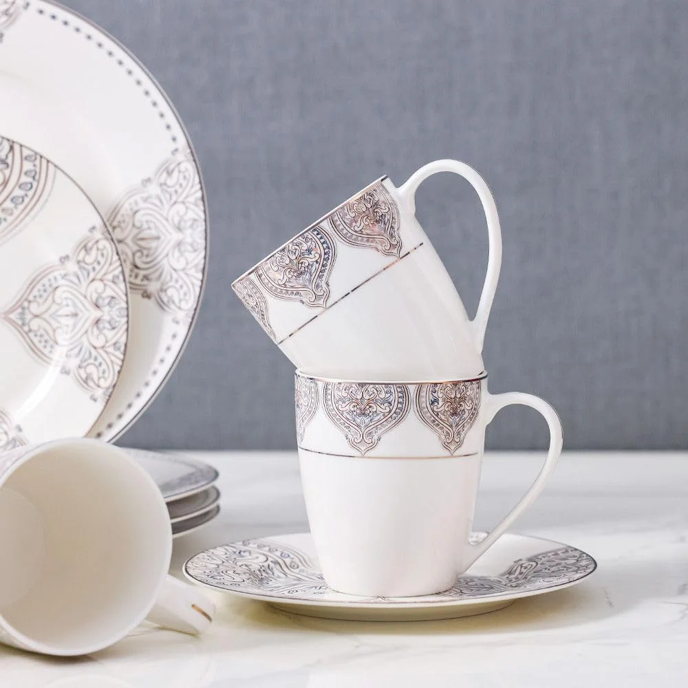 سرویس غذاخوری ۱۶ پارچه Youthful Bite Oasis از جنس نیو بن چاینا، ظروف غذاخوری شیک برای ۴ نفر شامل بشقاب، کاسه و لیوان، مناسب برای غذاخوری رسمی و پذیرایی در منزل