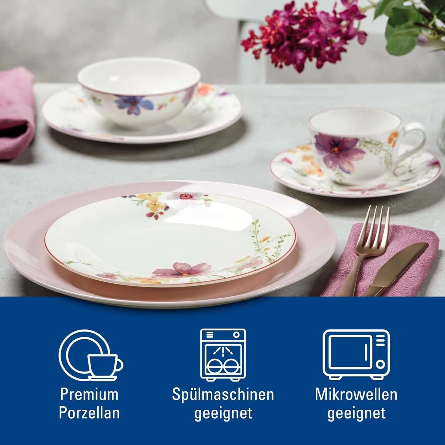 Villeroy & Boch - ست اولیه Mariefleur، ۱۰ تکه، رنگی، قابل شستشو در ماشین ظرفشویی، قابل استفاده در مایکروویو، ست ظروف غذاخوری، ست ظروف سفالی، ست بشقاب گلدار، سرویس غذاخوری گلدار، چینی مرغوب