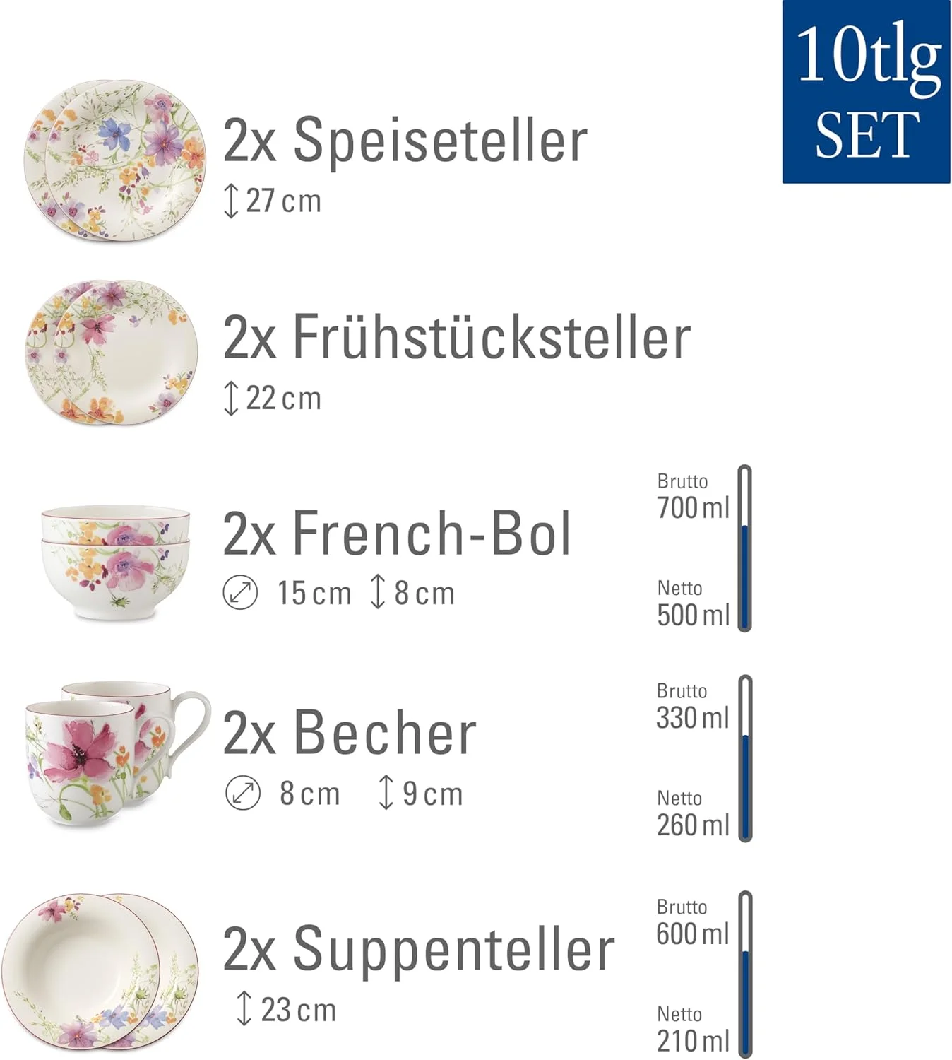 Villeroy & Boch - ست اولیه Mariefleur، ۱۰ تکه، رنگی، قابل شستشو در ماشین ظرفشویی، قابل استفاده در مایکروویو، ست ظروف غذاخوری، ست ظروف سفالی، ست بشقاب گلدار، سرویس غذاخوری گلدار، چینی مرغوب