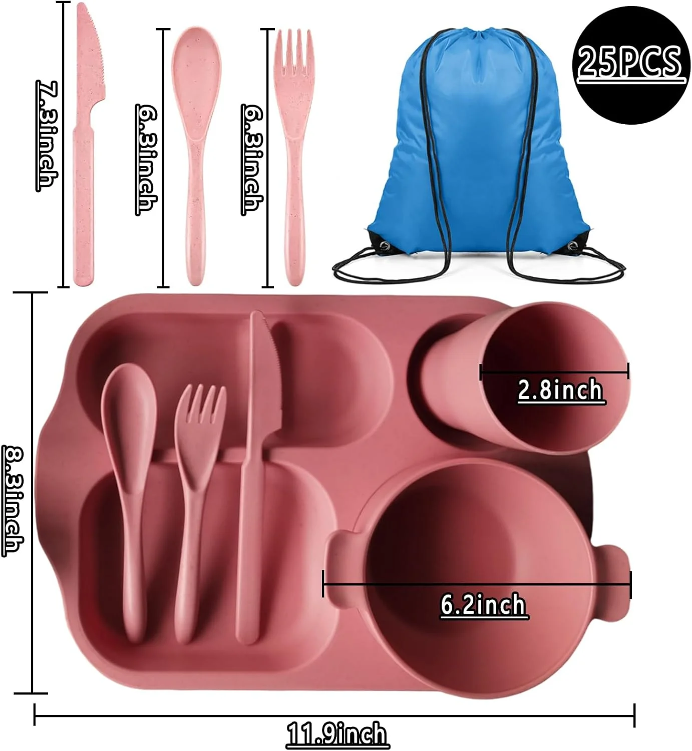 ست ظروف غذاخوری 24 تکه از جنس کاه گندم، بدون BPA، سبک وزن، شامل کاسه، بشقاب، فنجان، قاشق، چاقو و چنگال قابل استفاده مجدد، مناسب مایکروویو و ماشین ظرفشویی، قابل حمل برای کودکان، بزرگسالان، خانه، مدرسه، اداره، پیک نیک و مسافرت