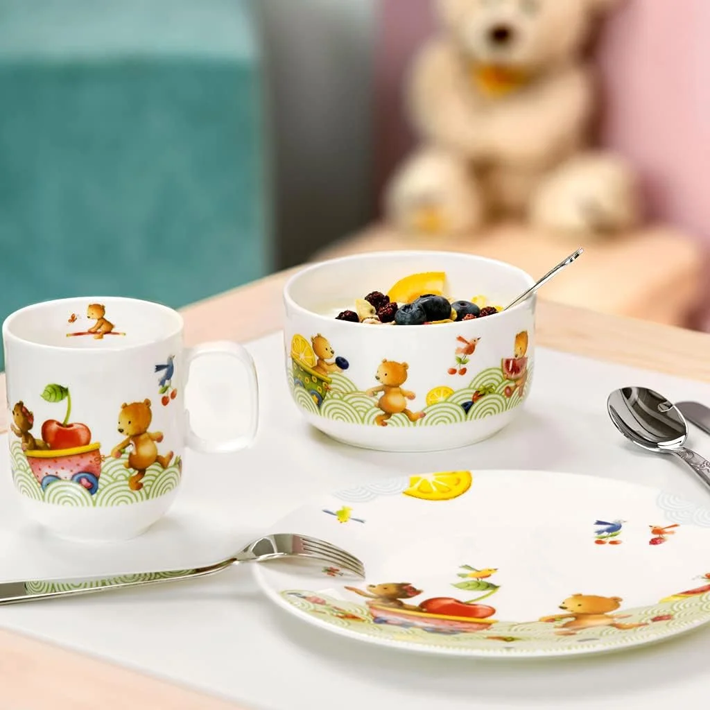 Villeroy & Boch - Hungry as a Bear، ست ظروف غذاخوری 7 تکه کودک، قابل شستشو در ماشین ظرفشویی، ست بشقاب، کاسه و کارد و چنگال کودک، چینی مرغوب / استیل ضد زنگ