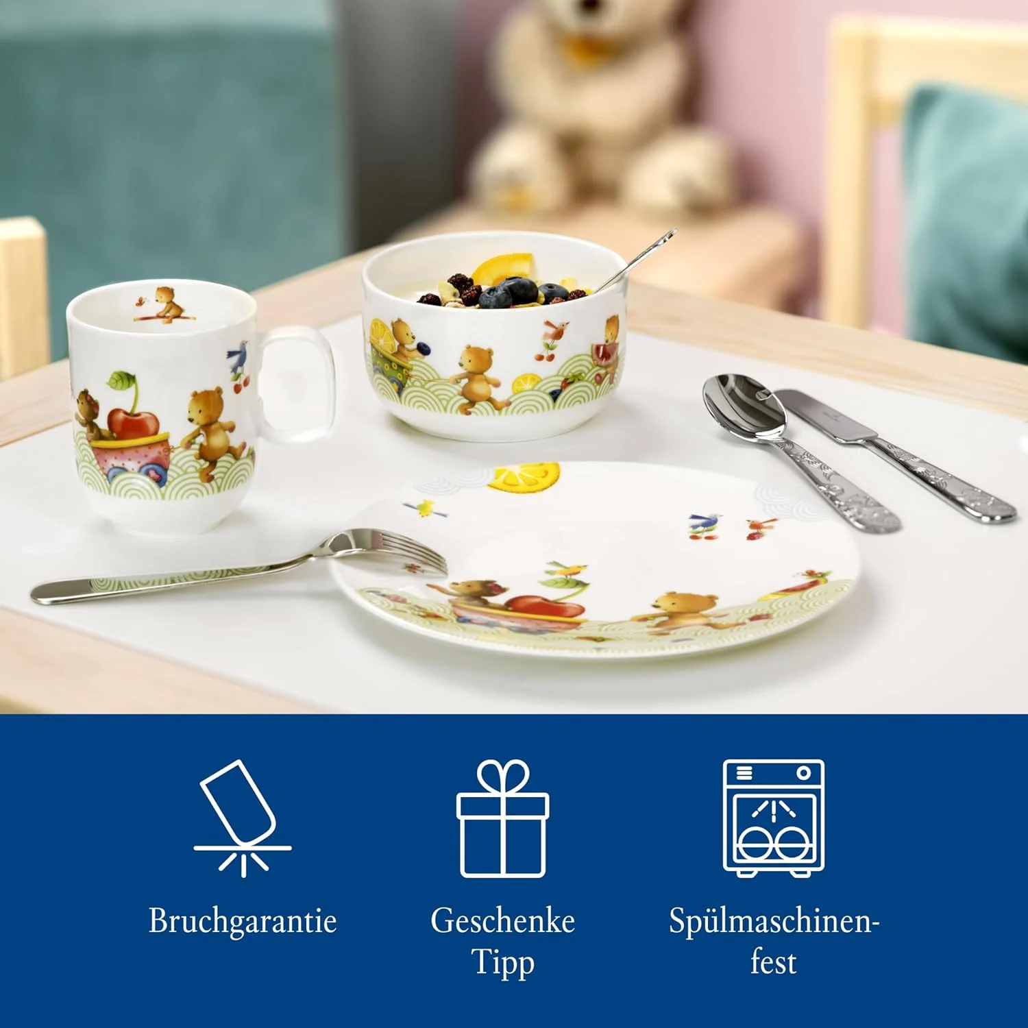 Villeroy & Boch - Hungry as a Bear، ست ظروف غذاخوری 7 تکه کودک، قابل شستشو در ماشین ظرفشویی، ست بشقاب، کاسه و کارد و چنگال کودک، چینی مرغوب / استیل ضد زنگ