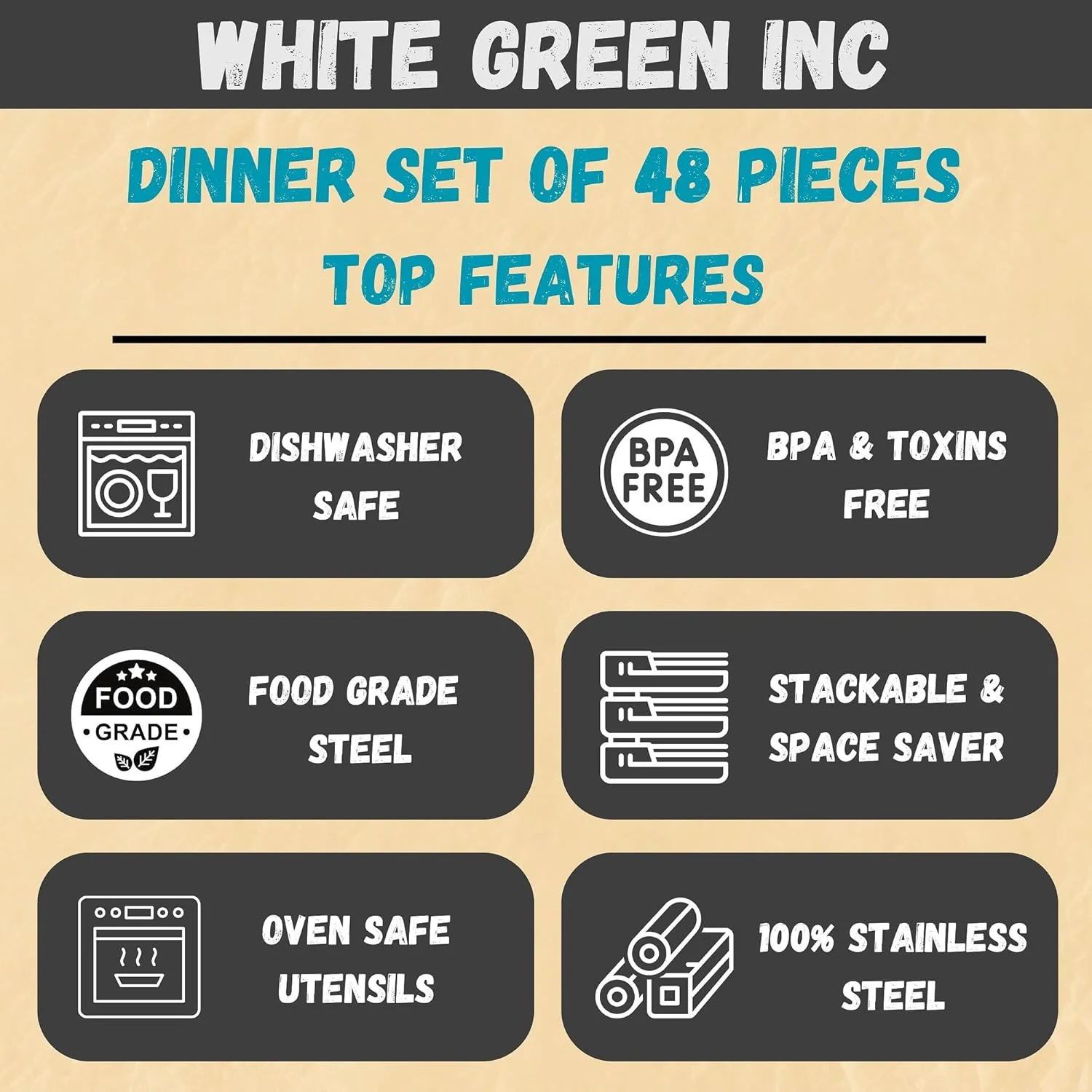 سرویس غذاخوری 48 پارچه استیل WG inc - شامل بشقاب غذاخوری، بشقاب میوه خوری، کاسه، لیوان، چنگال و قاشق، ست ظروف فلزی قابل استفاده مجدد برای آشپزخانه منزل و کمپینگ، مناسب برای 6 نفر (بدون برچسب)