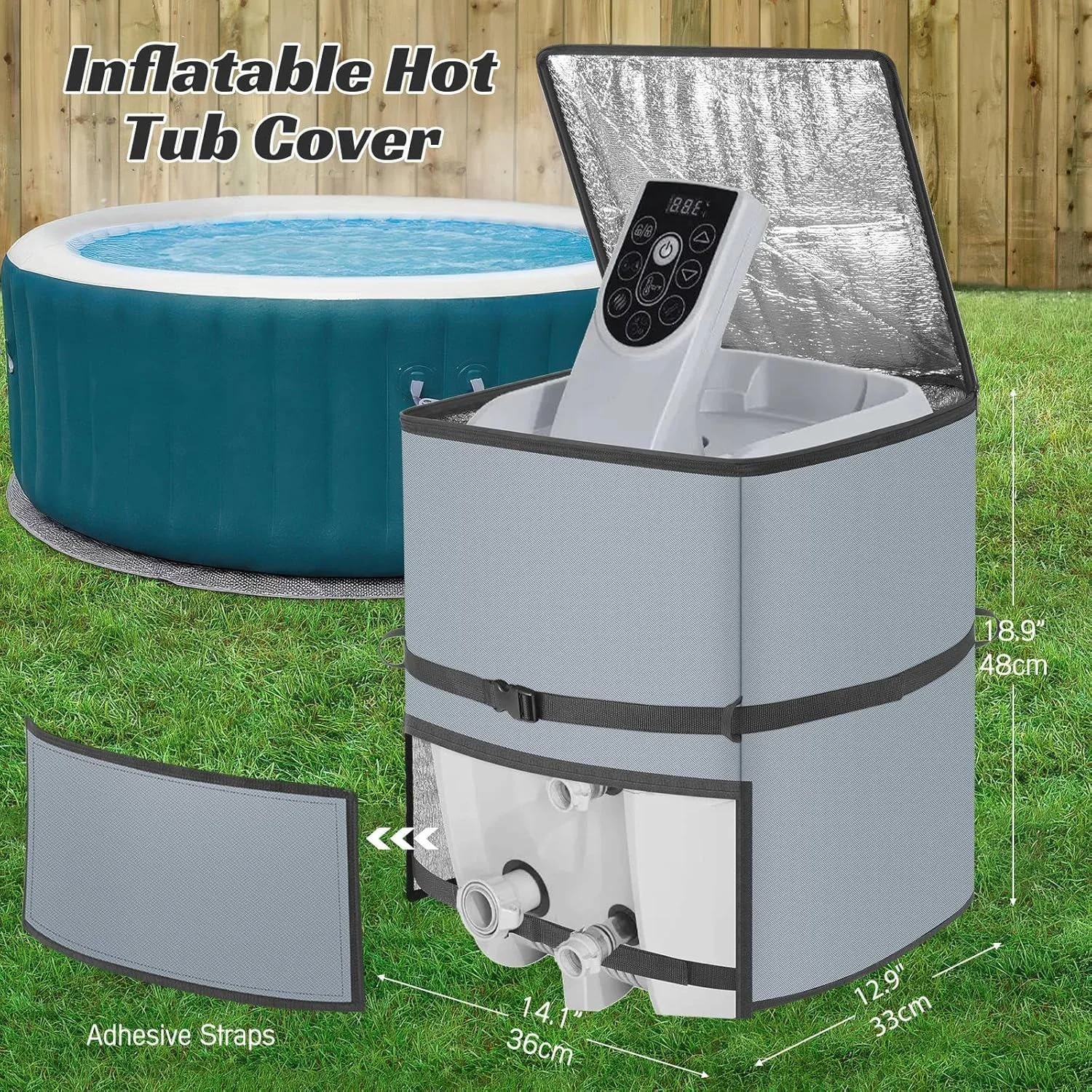 روکش پمپ و بخاری جکوزی بادی bespeur، 36 سانتی‌متر عمق x 33 سانتی‌متر عرض x 48 سانتی‌متر ارتفاع، ضد آب، پارچه آکسفورد 600D با روکش عایق فویل آلومینیومی، لوازم جانبی جکوزی بادی، نصب آسان با زیپ، خاکستری، مربعی