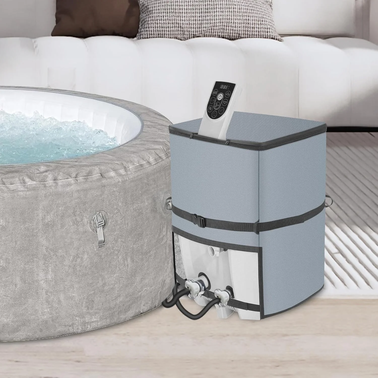 روکش پمپ و بخاری جکوزی بادی bespeur، 36 سانتی‌متر عمق x 33 سانتی‌متر عرض x 48 سانتی‌متر ارتفاع، ضد آب، پارچه آکسفورد 600D با روکش عایق فویل آلومینیومی، لوازم جانبی جکوزی بادی، نصب آسان با زیپ، خاکستری، مربعی