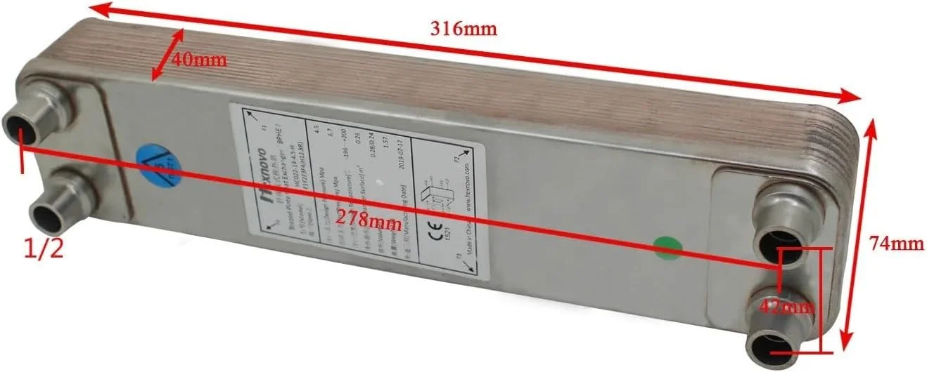 مبدل حرارتی، مبدل حرارتی صفحه ای جوش داده شده 1/2، خنک کننده گیاه، مواد فولاد ضد زنگ، خنک کننده تخمیر آبجو، خنک کننده گیاه، 316 میلی متر * 73 میلی متر برای گرمایش از کف، گرمایش آب