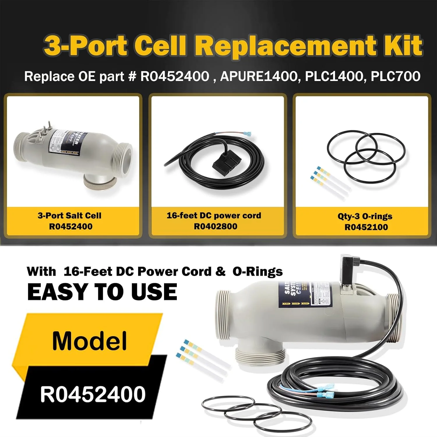 جایگزین سلول نمکی R0452400 برای زودیاک Jandy AquaPure PLC1400 APURE 1400 PLC 700 APURE 700 – دارای 14 تیغه تیتانیومی، سیم برق 16 فوتی، 3 اورینگ، سلول نمکی 3 پورت، مناسب برای استخرهای تا 40000 گالن