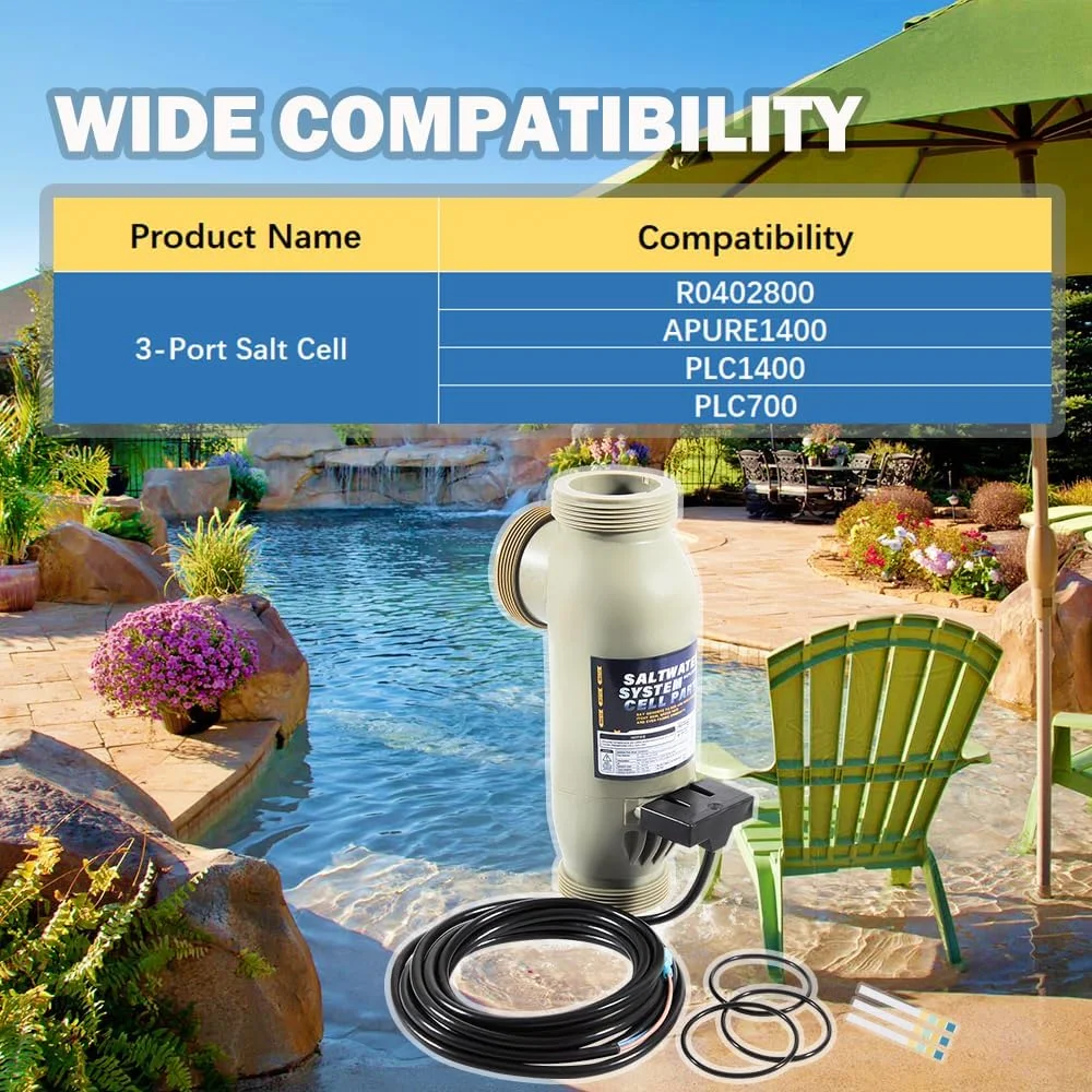 جایگزین سلول نمکی R0452400 برای زودیاک Jandy AquaPure PLC1400 APURE 1400 PLC 700 APURE 700 – دارای 14 تیغه تیتانیومی، سیم برق 16 فوتی، 3 اورینگ، سلول نمکی 3 پورت، مناسب برای استخرهای تا 40000 گالن