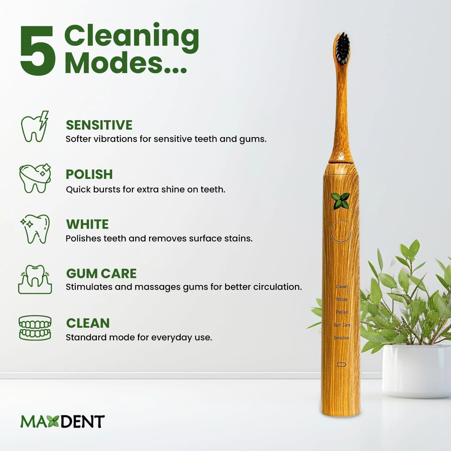 مسواک برقی شارژی بامبو مکسدنت، مسواک سبز نرم، مراقبت دهان و دندان بزرگسالان، 1 عدد