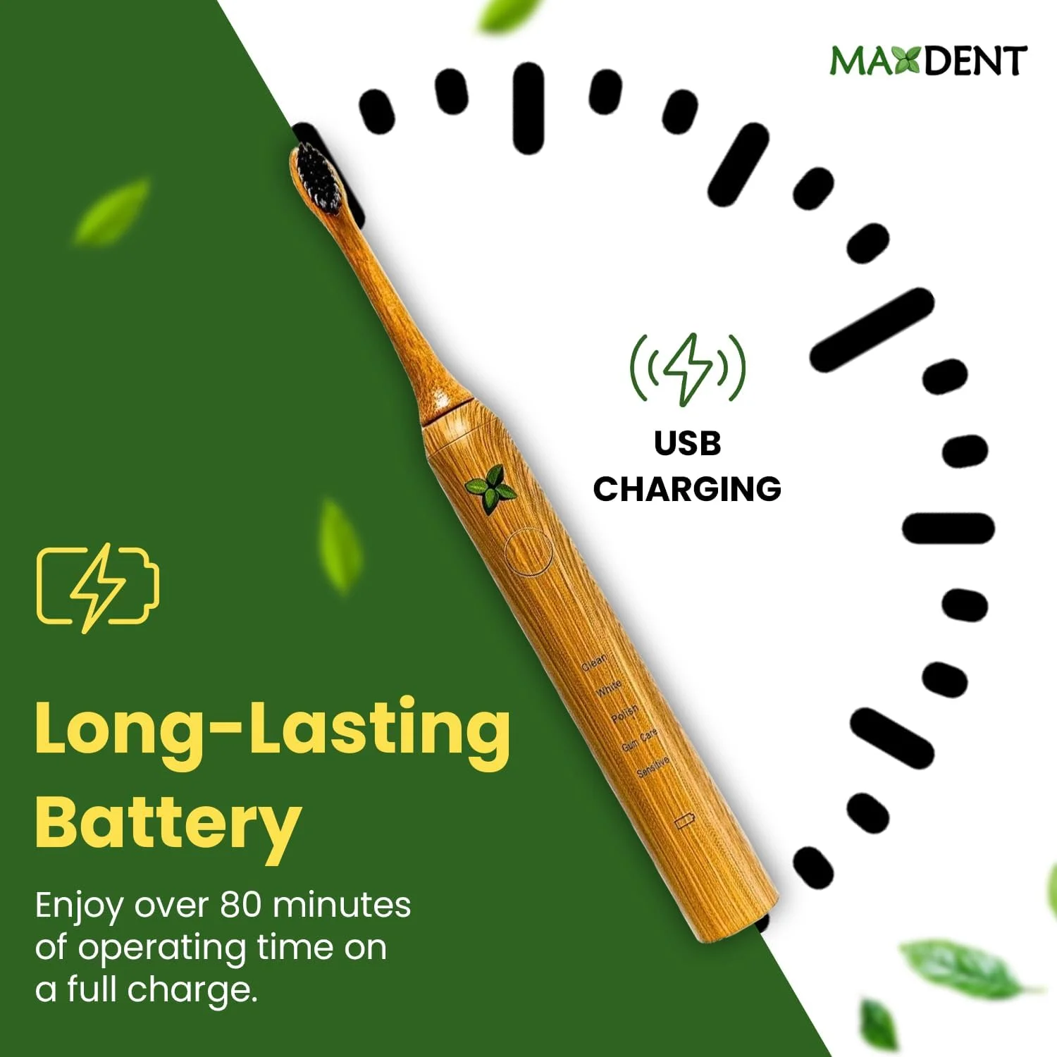 مسواک برقی شارژی بامبو مکسدنت، مسواک سبز نرم، مراقبت دهان و دندان بزرگسالان، 1 عدد