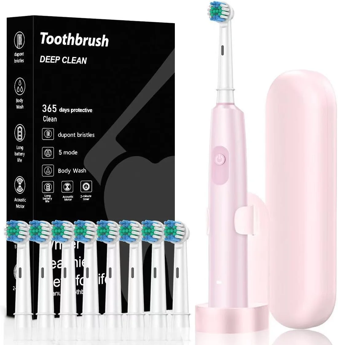 مسواک برقی چرخشی با سیستم تعلیق مغناطیسی، 5 حالت تمیز کردن صوتی ضد آب، 8 سری مسواک و کیف حمل، مناسب برای کودکان و بزرگسالان در سفر، کمپینگ، دوچرخه سواری (صورتی)