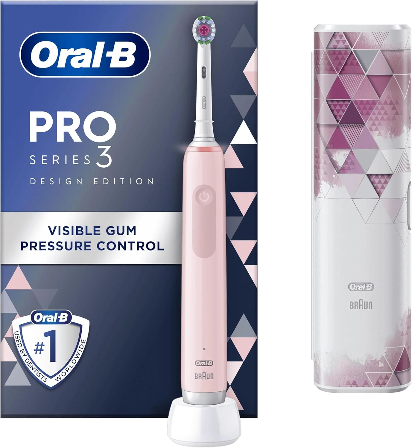 مسواک برقی صورتی Oral-B Pro Series 3، دارای 1 سری مسواک، 1 کیف مسافرتی، طراحی شده توسط Braun